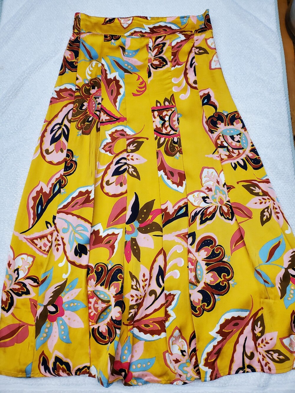Tahari Mustard Yellow Floral Paisley Pleated Maxi Skirt Small Viscose Boho